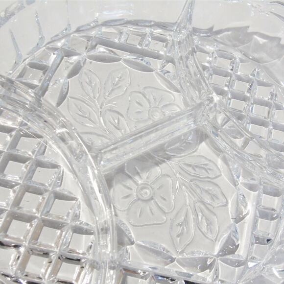 Clear Glass Diamond Cut DIVIDED SERVING DISH Dogwood Flower Oval Platter Plate - Picture 2 of 6